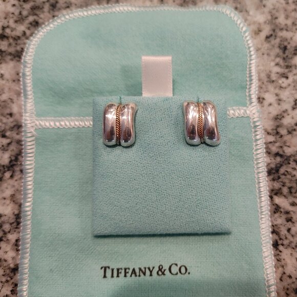 Tiffany & Co. Sterling Silver and 14K Yellow Gold Rope Stud Earrings with pouch - Picture 1 of 16